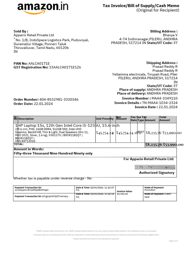 HP Laptop Tax Invoice from Amazon | PDF | Invoice | Payments