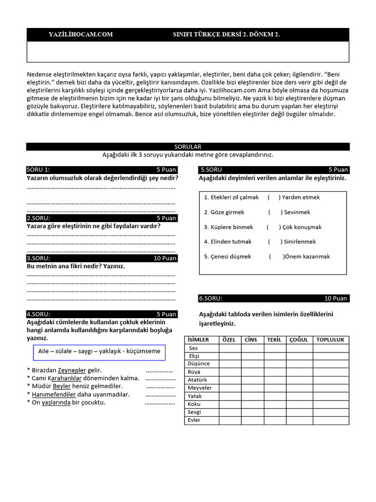 6.sä Nä F Tã Rkã e 2.dã Nem 2.yazä Lä Sorularä - 1 | PDF