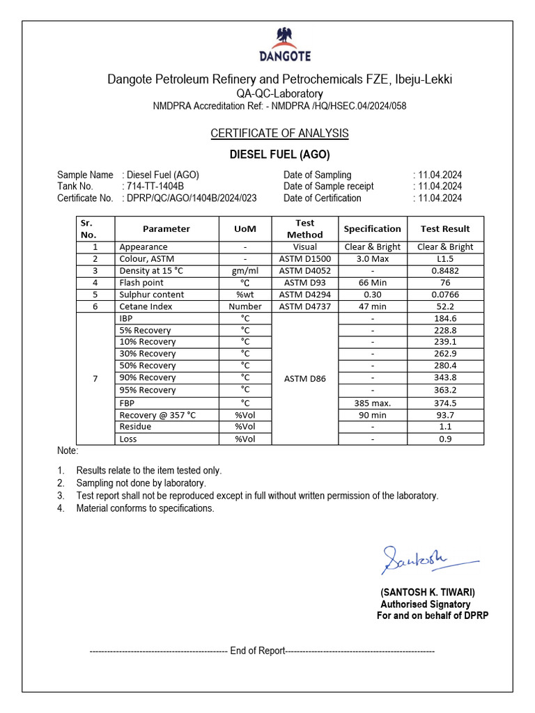 Diesel Fuel Analysis Report 11.04.2024 | PDF | Diesel Fuel | Chemical ...