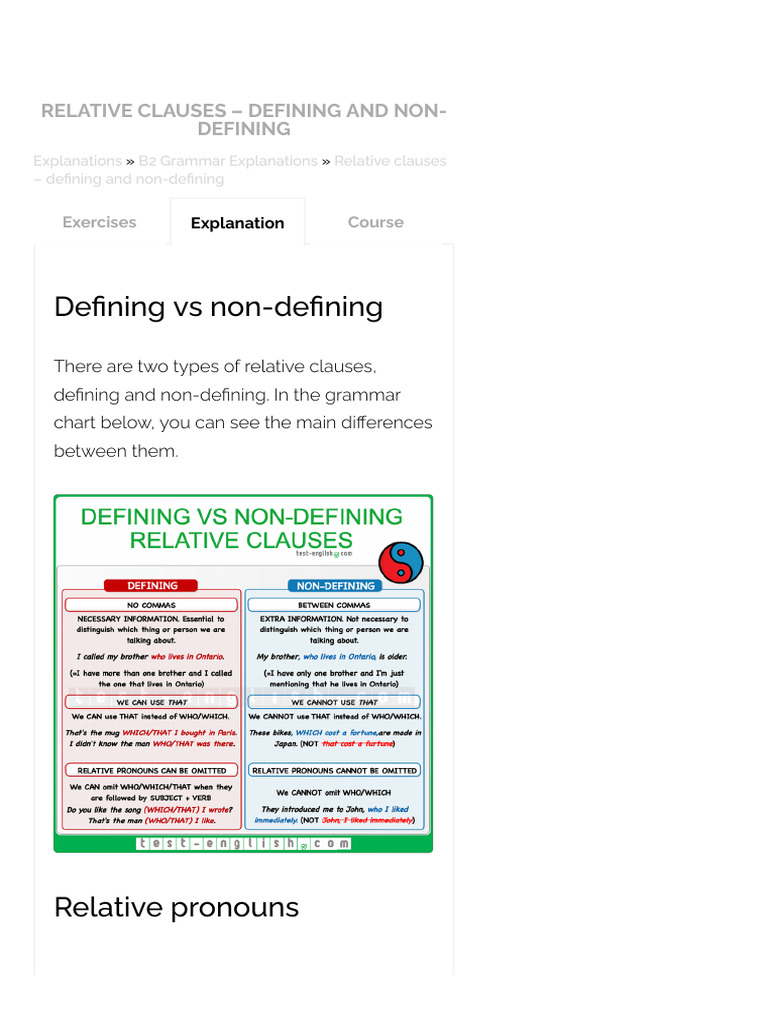 Defining and Non-Defining Relative Clauses | PDF | Preposition And ...