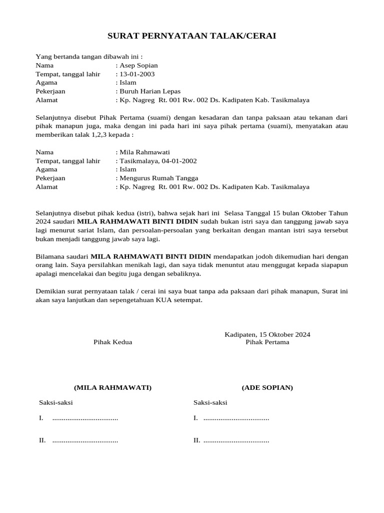 Surat Talak Tulis Tangan Asep Sopian | PDF