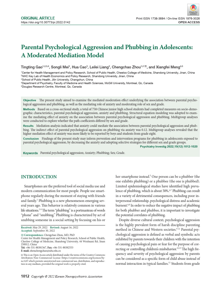 Parental Psychological Aggression and Phubbing in Adolescents | PDF ...