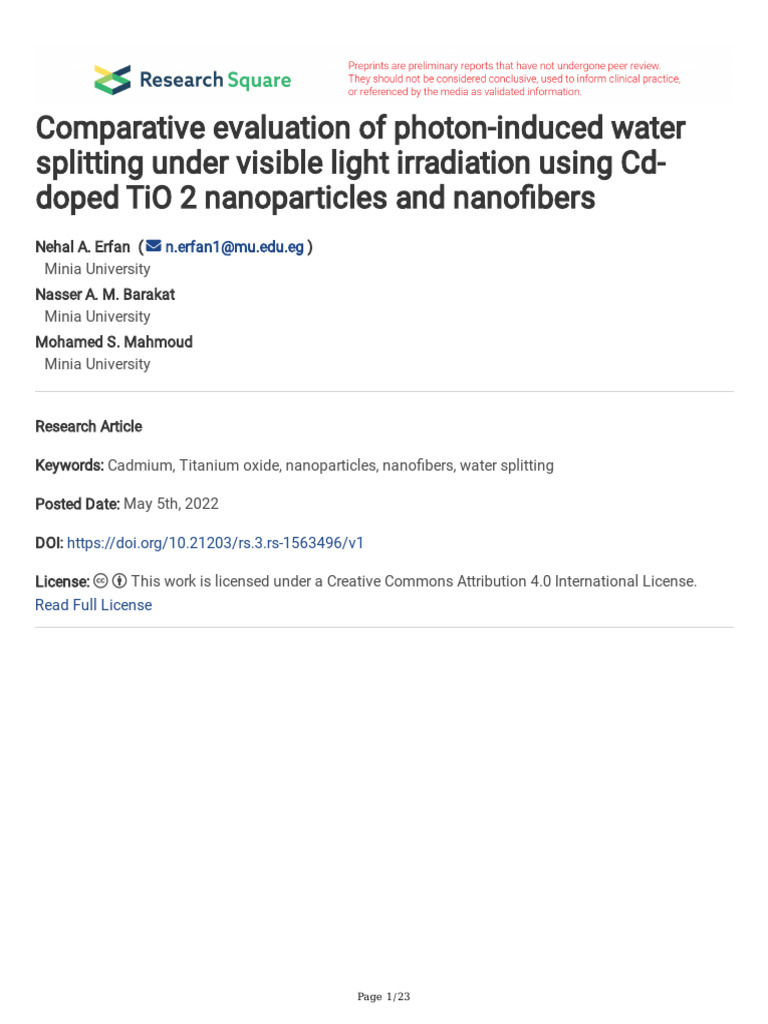 Cd-Doped TiO2 Nanofibers for Water Splitting | PDF | Titanium Dioxide ...
