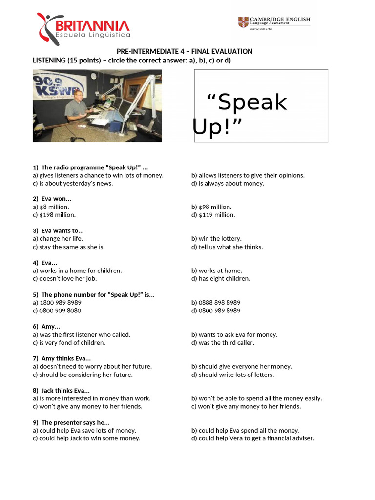 Pre-Intermediate 4 - Final Evaluation | PDF | Human Communication