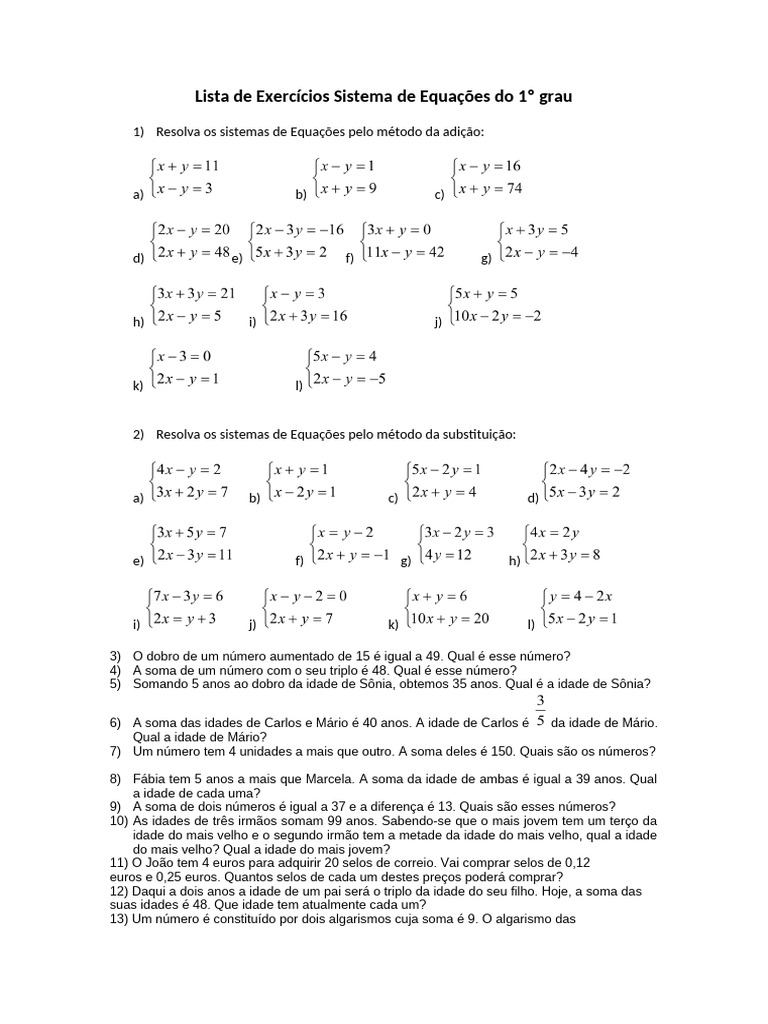 Exercícios de Sistemas de Equações 1º Grau | PDF | Métodos e Materiais ...
