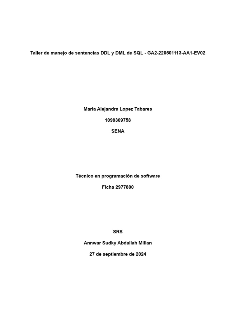 Taller de Sentencias DDL y DML en SQL | PDF | Bases de datos | SQL