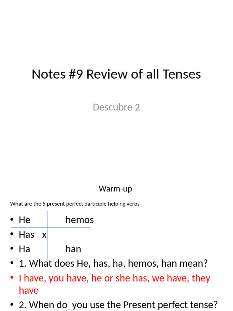 Notes #9 Review of All Tenses | PDF | Grammatical Tense | Perfect (Grammar)