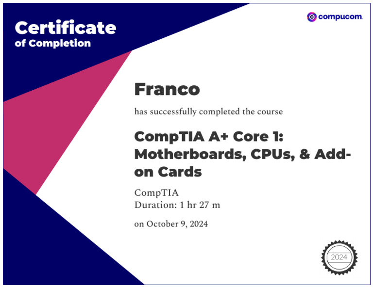 CompTIA A+ Core 1 Completion Certificate | PDF