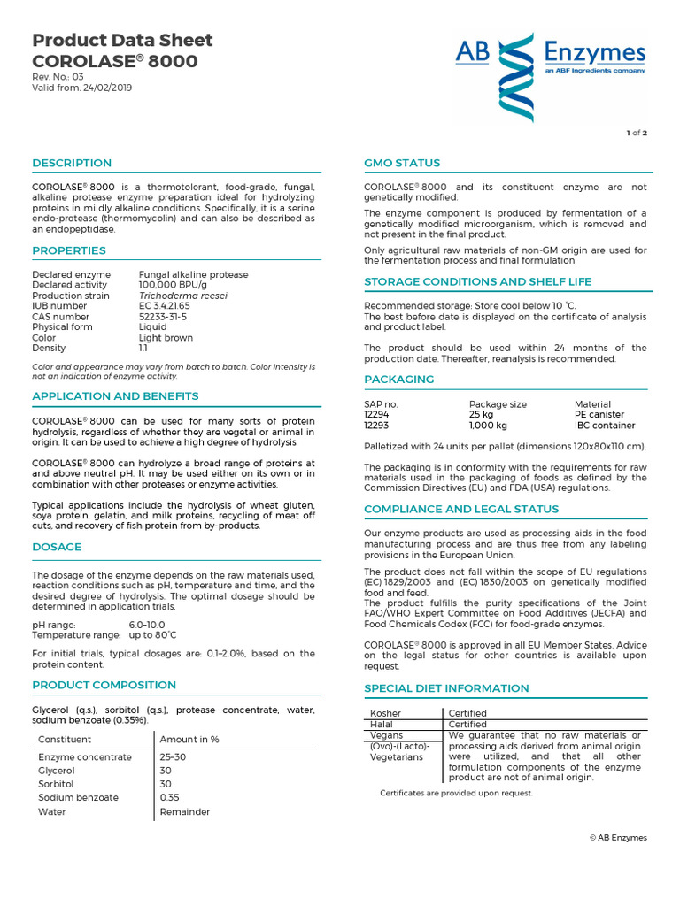 COROLASE 8000 Product Data Sheets Rev. 03 (ID 2503) | PDF | Proteins ...