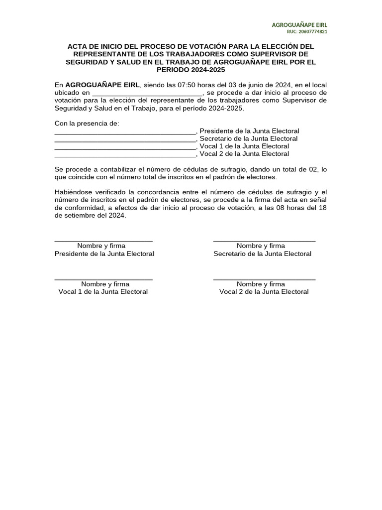 Acta de Inicio de Proceso de Votación | PDF