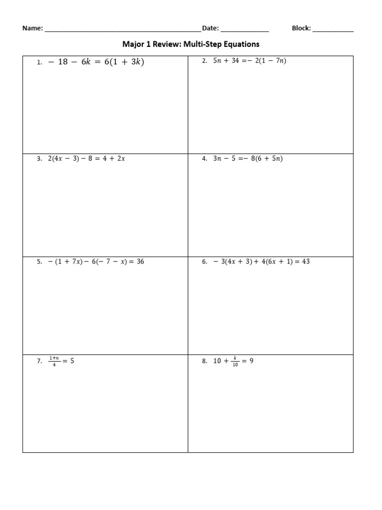 Multi-Step Equations Review Worksheet | PDF
