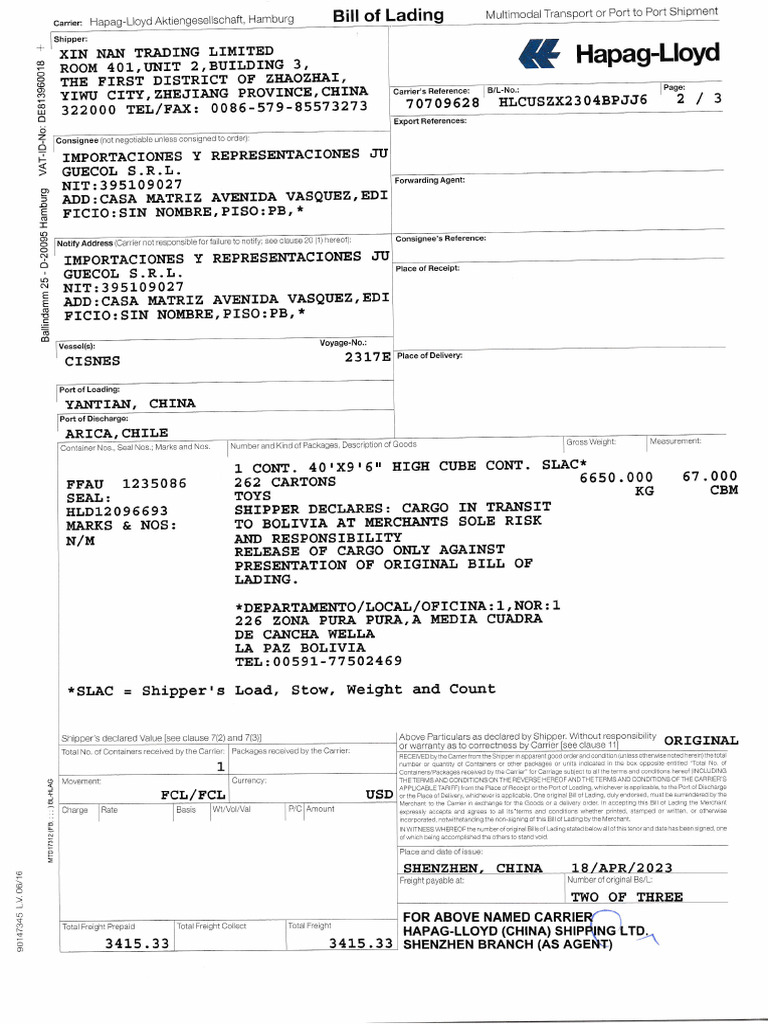 Hapag-Lloyd Bill of Lading Example | PDF | Cargo | Bill Of Lading