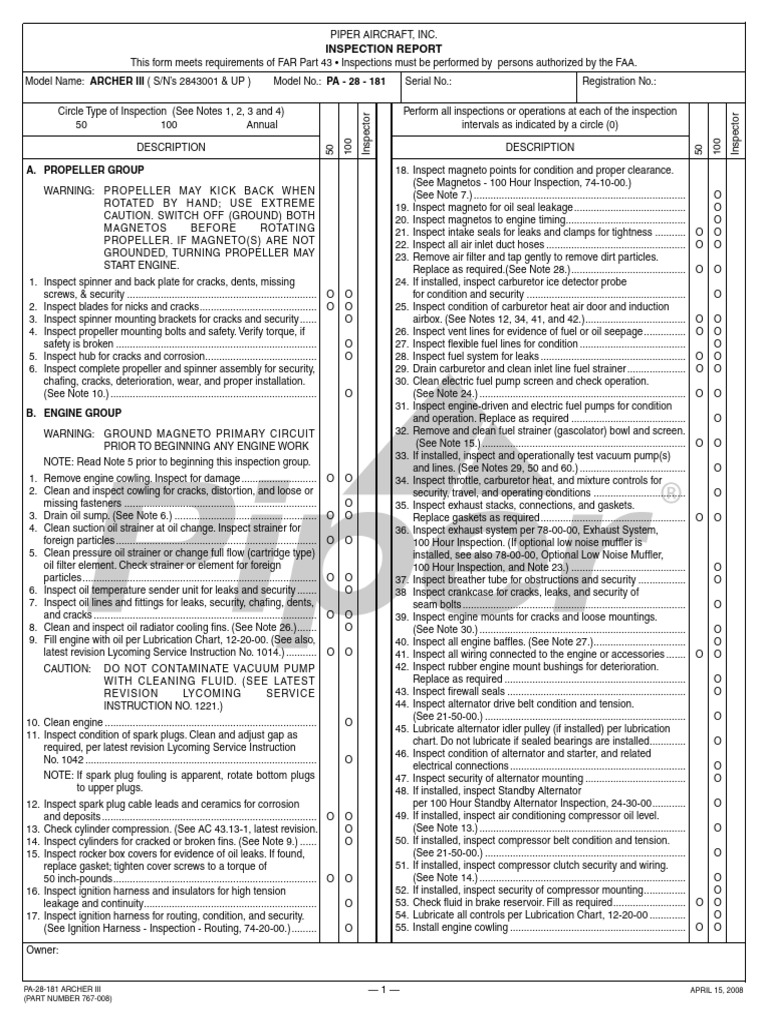 Archer III Aircraft Inspection Report | PDF | Leak | Mechanical Engineering