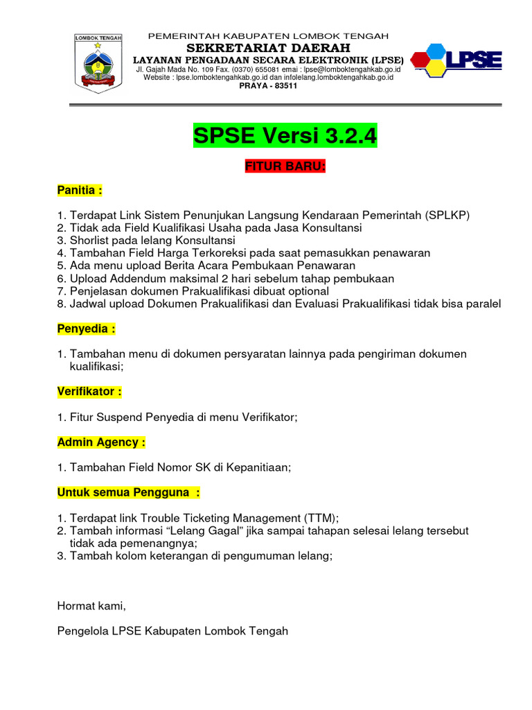 Fitur Baru SPSE Versi 3.2.4 | PDF