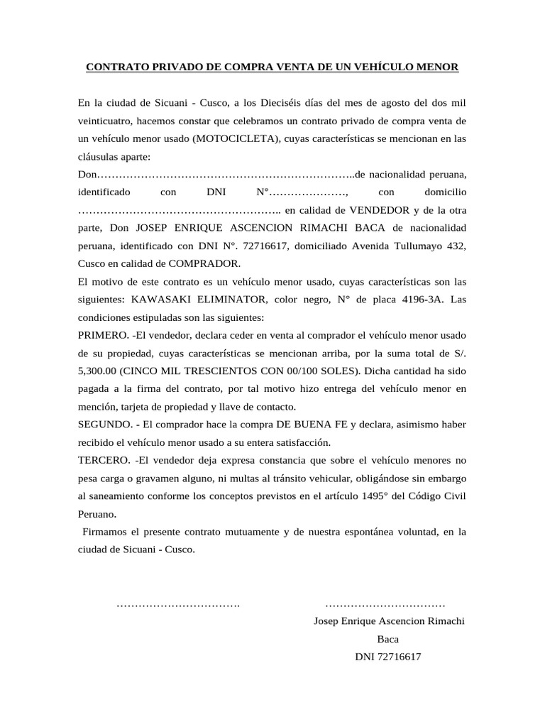 Contrato Privado de Compra Venta de Un Vehículo Menor | PDF