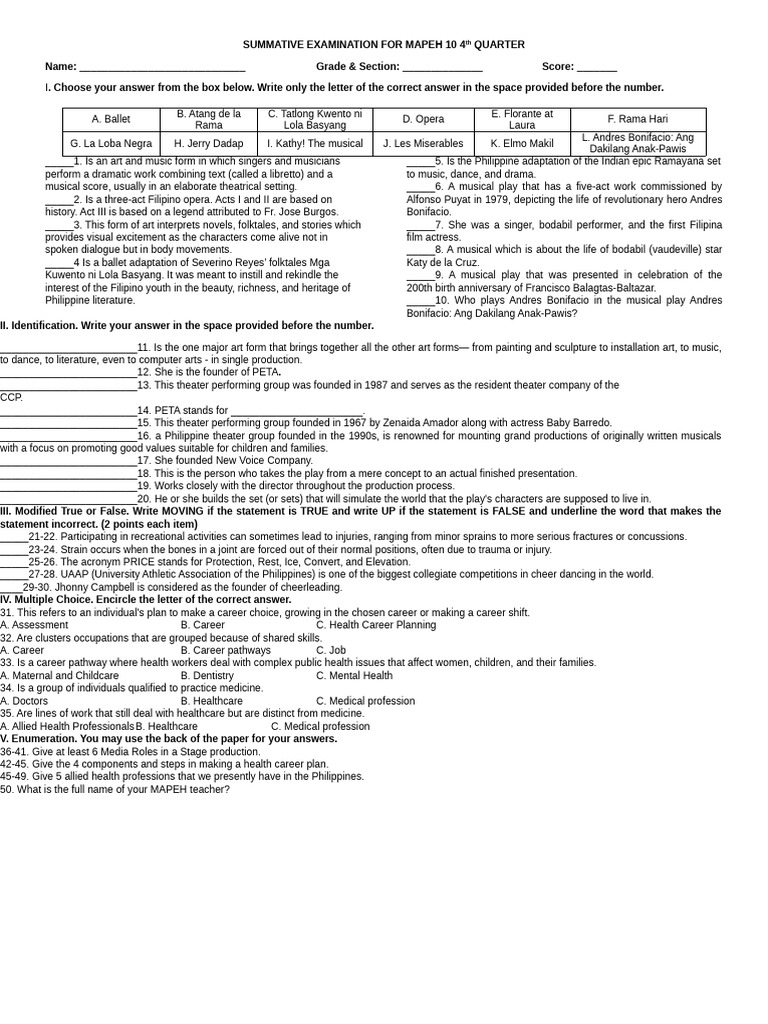 Summative Examination Mapeh 10 4TH Quarter | PDF | Health Professional ...