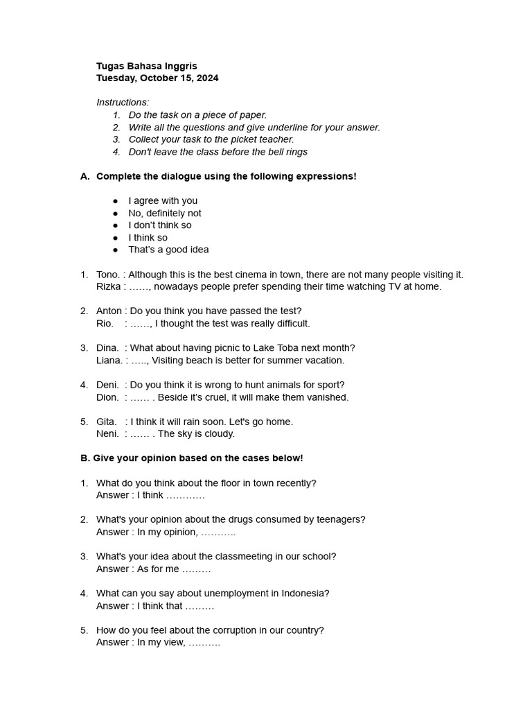 Tugas Asking And Giving Opinion Pdf