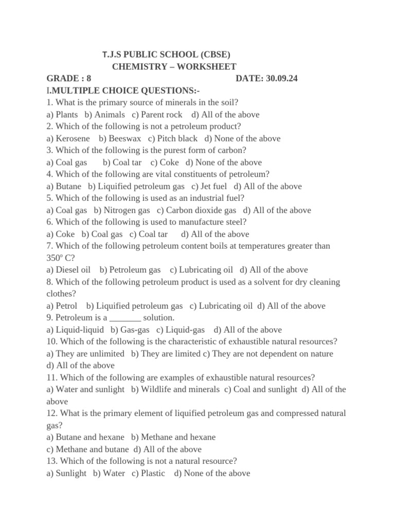 Grade 8 Chemistry: Petroleum Worksheet | PDF | Petroleum | Fuels