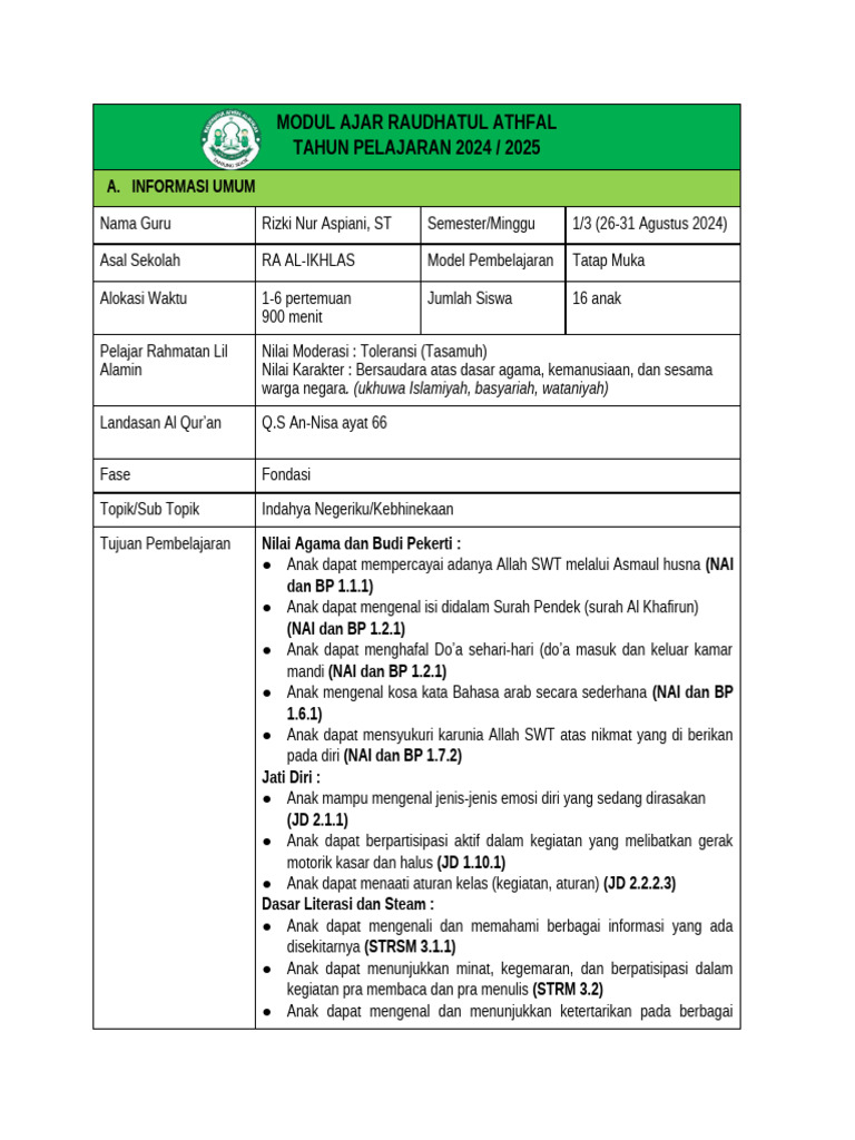 Modul Ajar Ra Minggu Ke 6 Pdf Ilmu Sosial Seni Disiplin Bahasa