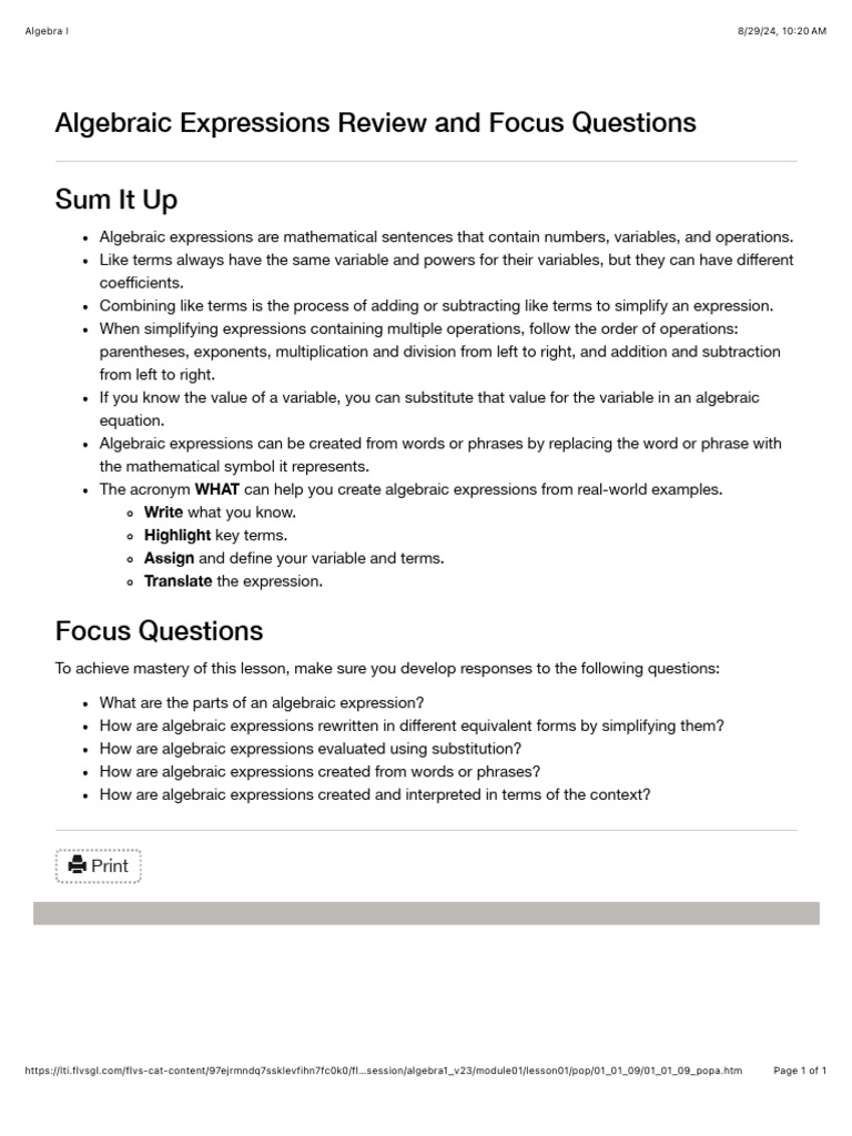 Algebraic Expressions Review Guide | PDF