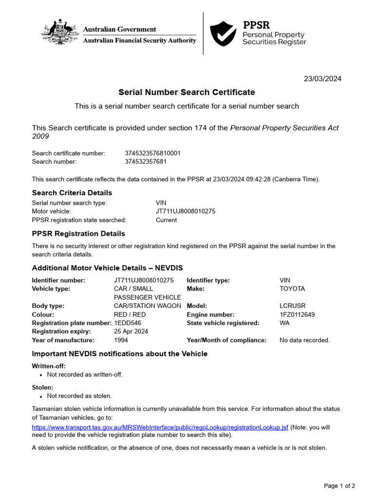 PPSR Serial Number Search Certificate | PDF | Vehicles | Accuracy And ...