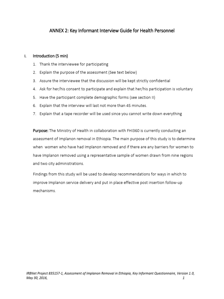 Interview Guide For Health Personnel Key Informant Fhi360 | PDF ...