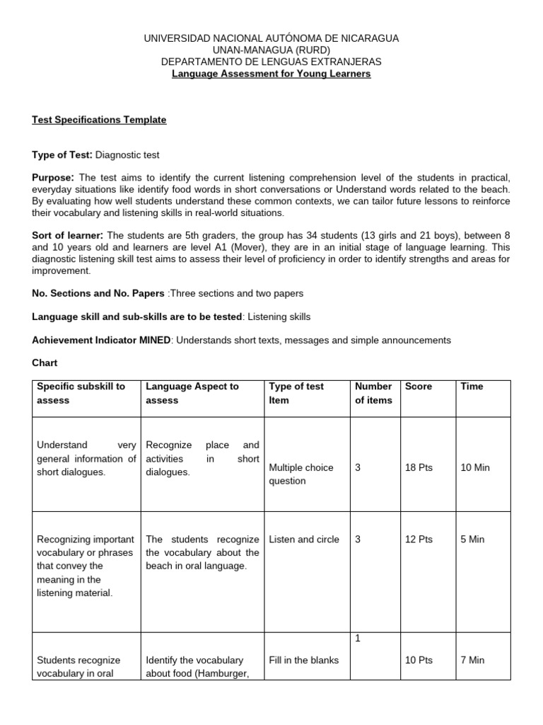 Listening Test Specifications for A1 Learners | PDF | Vocabulary ...
