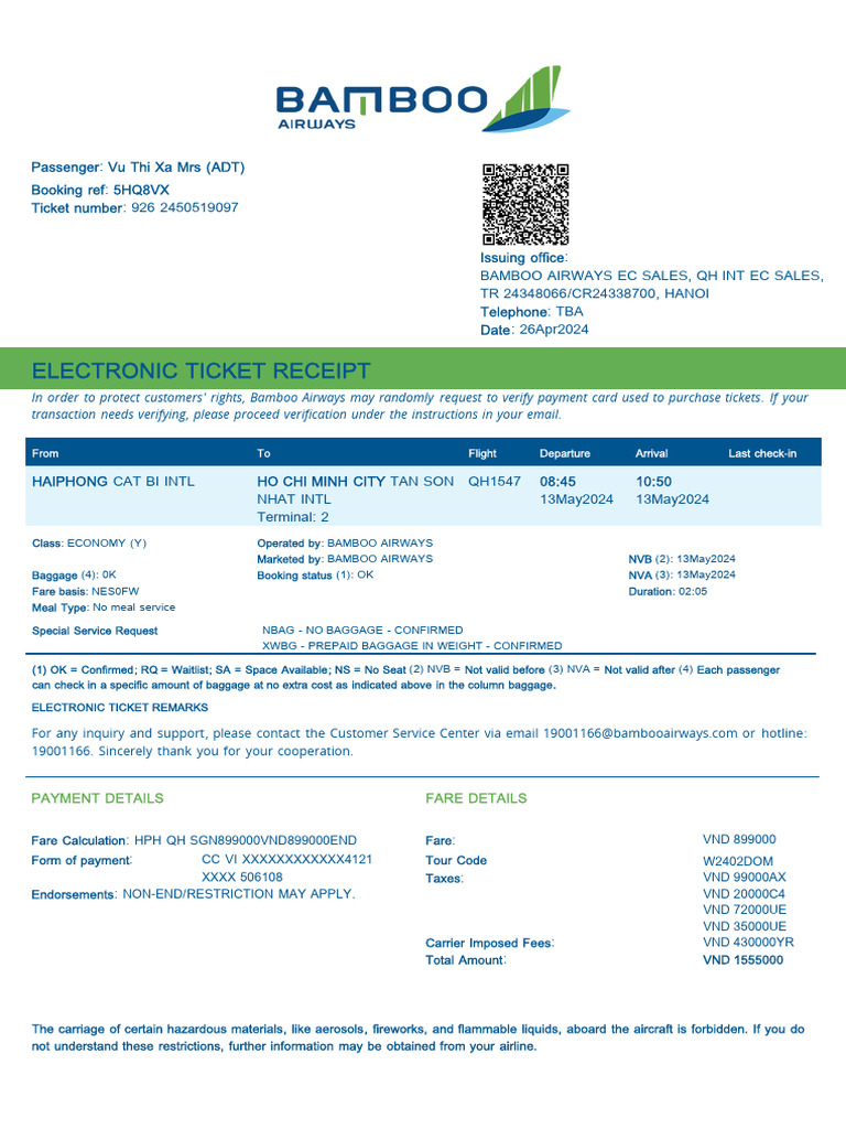 Electronic Ticket Receipt: Passenger Vu Thi Xa Mrs (ADT) Booking Ref ...