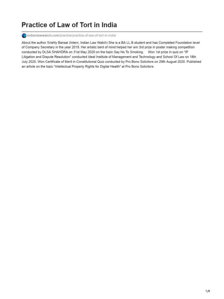 Practice of Law of Tort in India | PDF | Tort | Damages