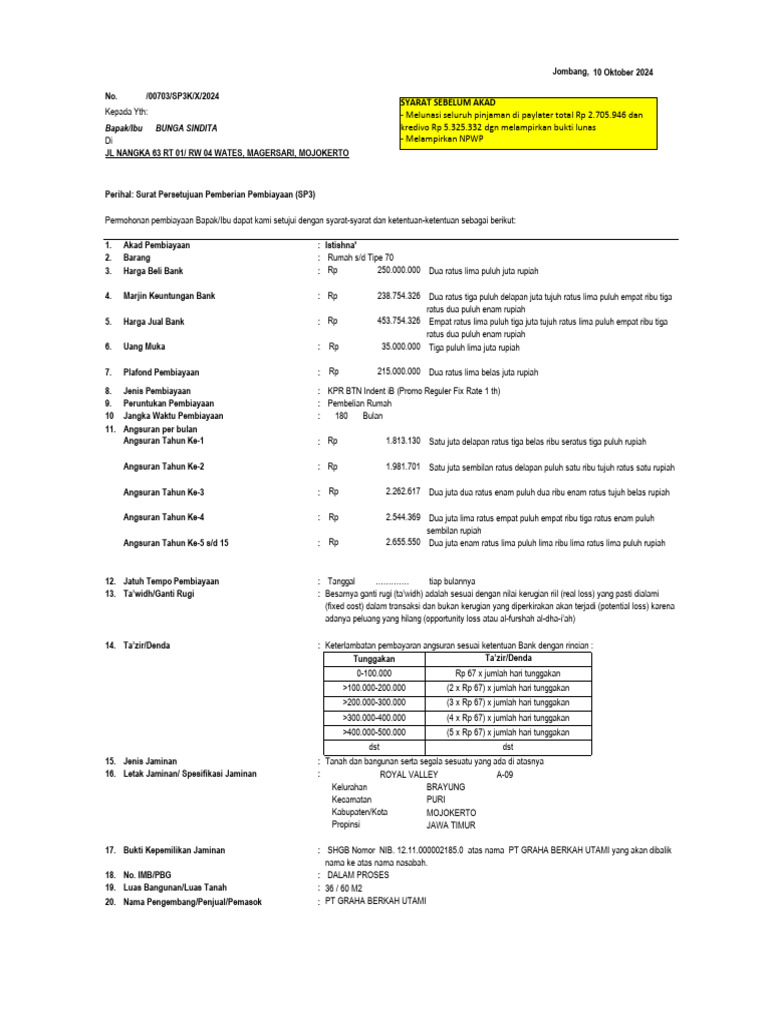 SP3K KPR BTN Syariah Mojokerto | PDF