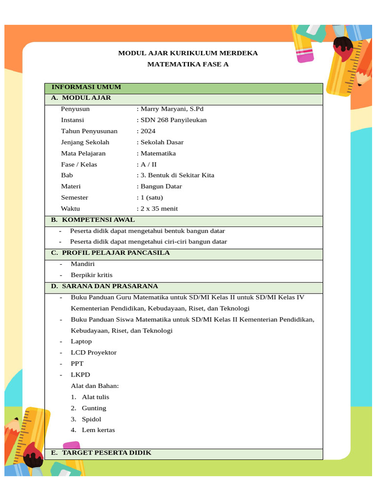 Modul Ajar Bangun Datar Kelas 2 SD | PDF | Karier & Perkembangan | Seni