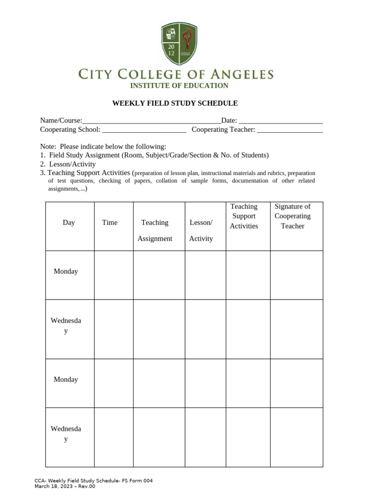 FS Form 004 - Weekly Practice Teaching Schedule | PDF