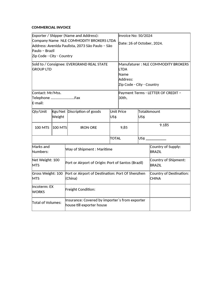 Commercial Invoice for Iron Ore Shipment | PDF