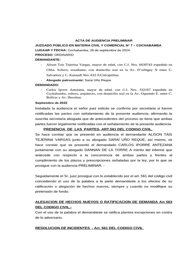 Acta de Audiencia Preliminar Civil | PDF | Justicia | Crimen y violencia