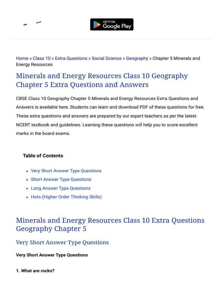 Minerals And Energy Resources Class 10 Geography Chapter 5 Extra Pdf