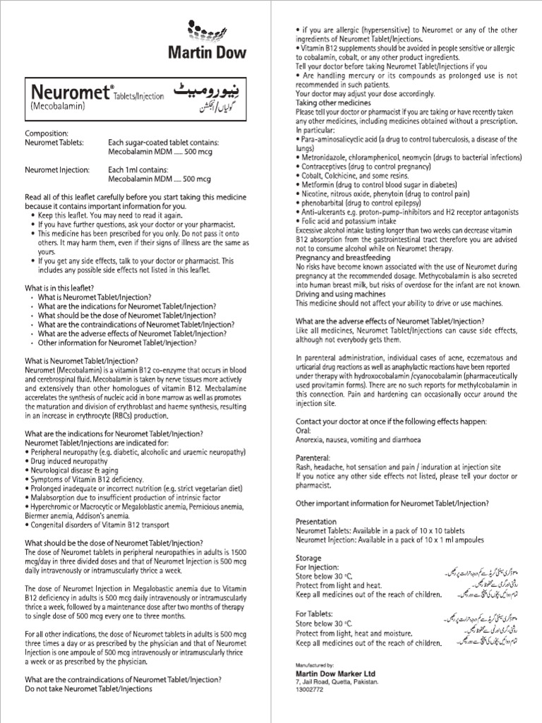Neuromet Tablets Injection Leaflet | PDF