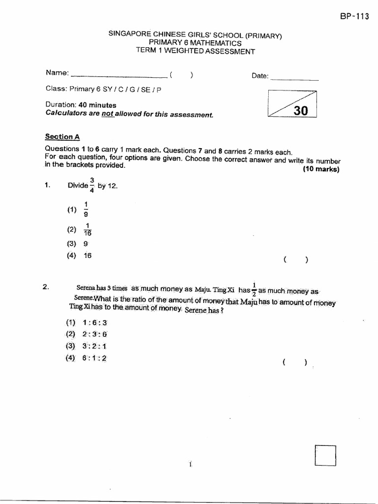 6 P6 Maths 2023 WA1 Singaporechinesegirls | PDF