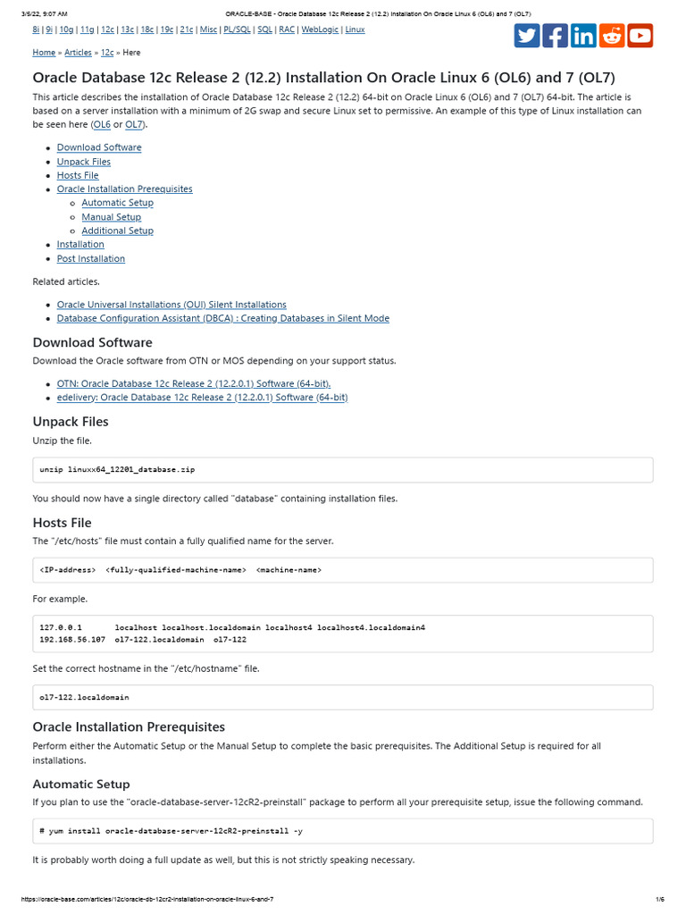 Oracle 12c R2 Installation on OL6/7 | PDF | Computing | Software