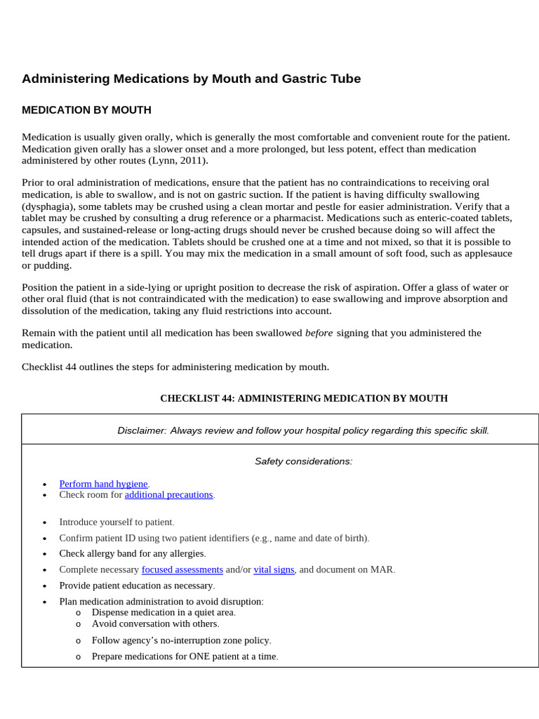 administering oral drug procedure | PDF | Dose (Biochemistry) | Chemistry