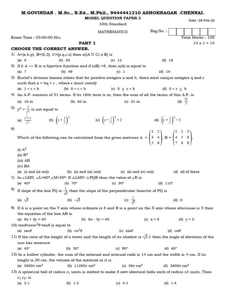 Class 10 Maths Model Question Paper | PDF | Mathematics | Mathematical ...