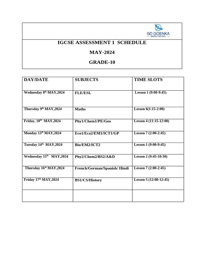 IGCSE Grade 10 May 2024 Exam Schedule | PDF