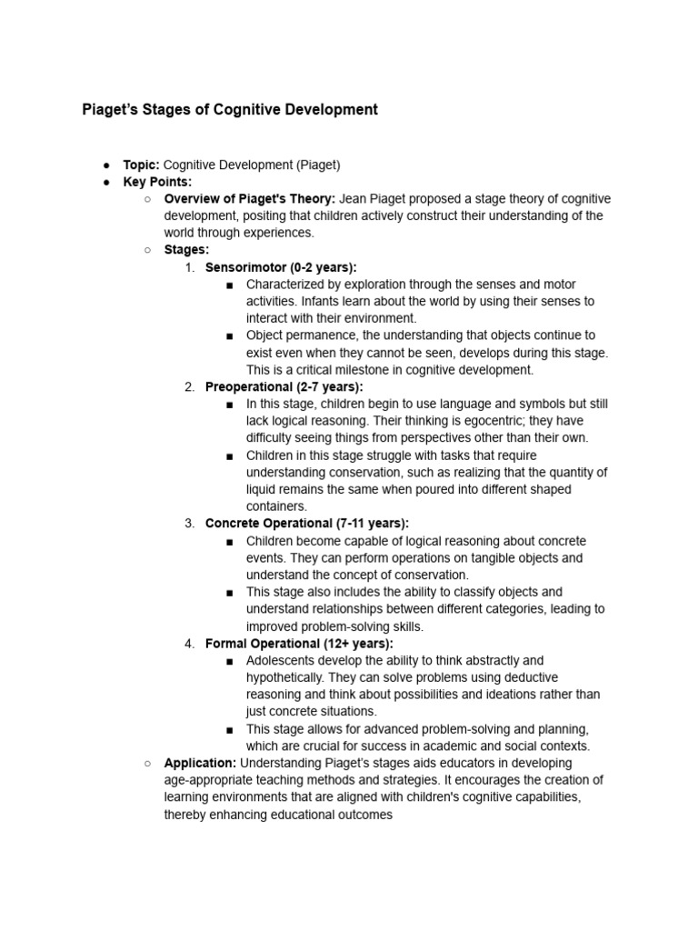Piaget's Stages of Cognitive Development | PDF | Behavioural Sciences ...