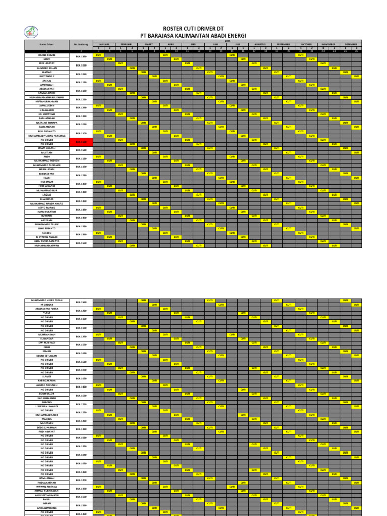Roster Cuti Driver PT BKAE | PDF