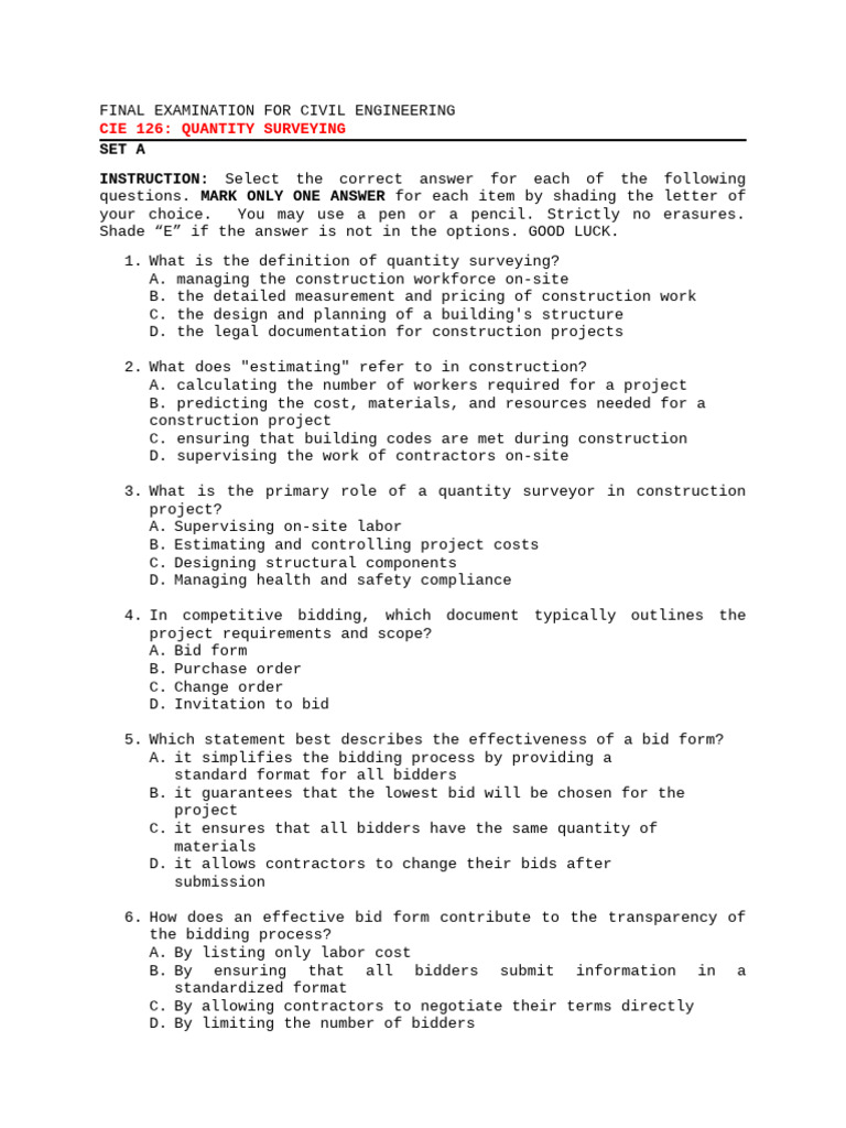 CIE 126 Quantity Surveying Exam Guide | PDF | Concrete | Foot (Unit)