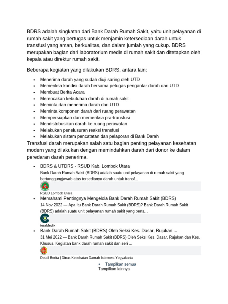Perbedaan BDRS dan UTD dalam Pelayanan Darah | PDF | Pengelolaan ...