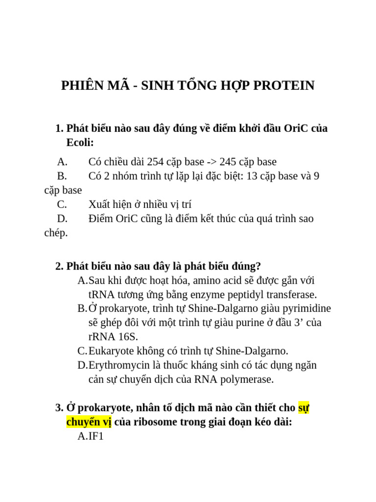 Cau Hoi SInh Hoc Di Truyenn | PDF
