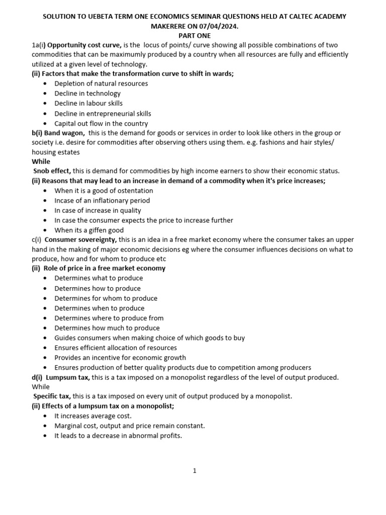 Edited uebeta term one econ seminar solution guide final 2024 pdf