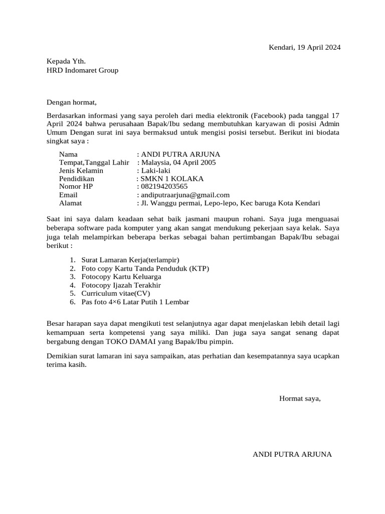 Surat Lamaran Kerja Indomaret Pdf Karier Perkembangan