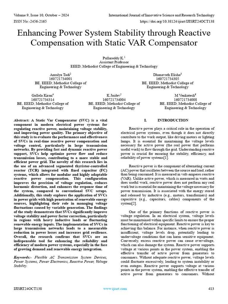 Enhancing power system stability through reactive compensation with