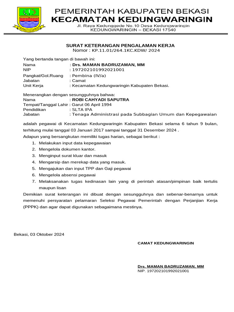 Keterangan Pengalaman Keja 2024 ROBY | PDF